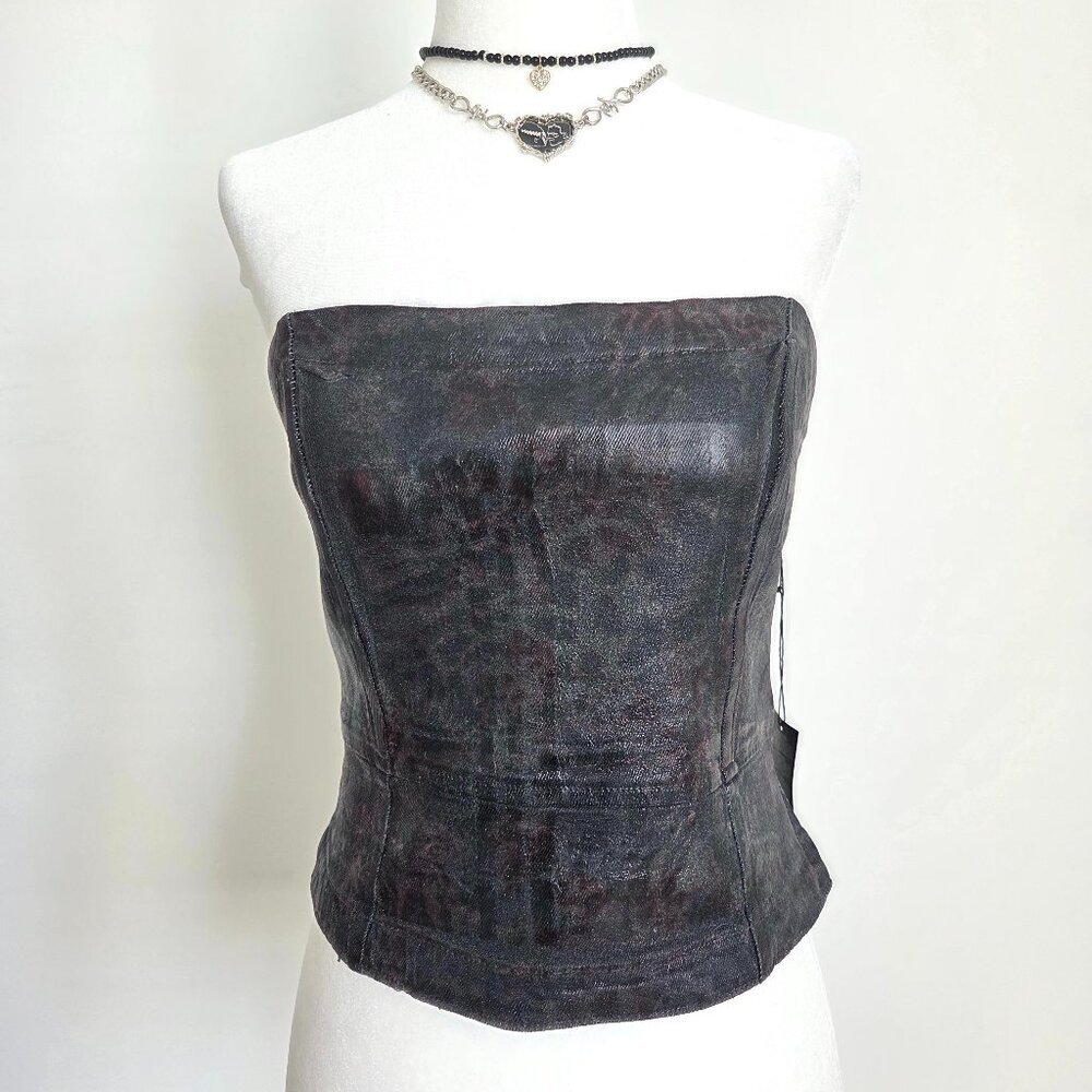 Forever 21 Distressed Denim Leopard Corset Top Large Black Cyber Grunge Y2K Crop